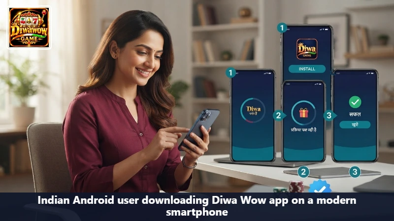 Phone on a desk with one Diwa Wow download waiting, storage meter visible