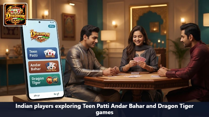 Teen Patti and Andar Bahar cards on a table next to a phone showing rules